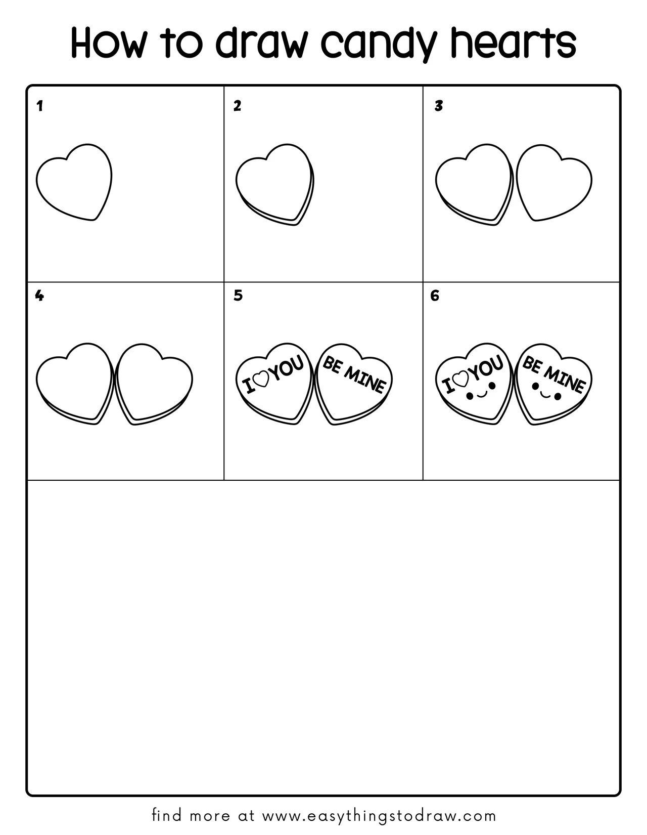 Step-by-step drawing tutorial showing how to draw two cute candy hearts in 6 easy steps, perfect for kids and beginners.