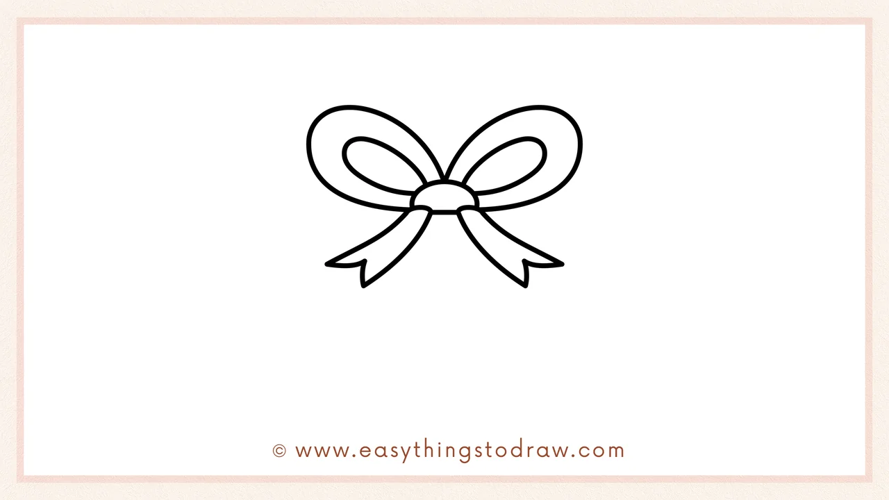 Step 2 of drawing a christmas gift – Add a small oval knot in the center and two flowing tails for the ribbon ends.
