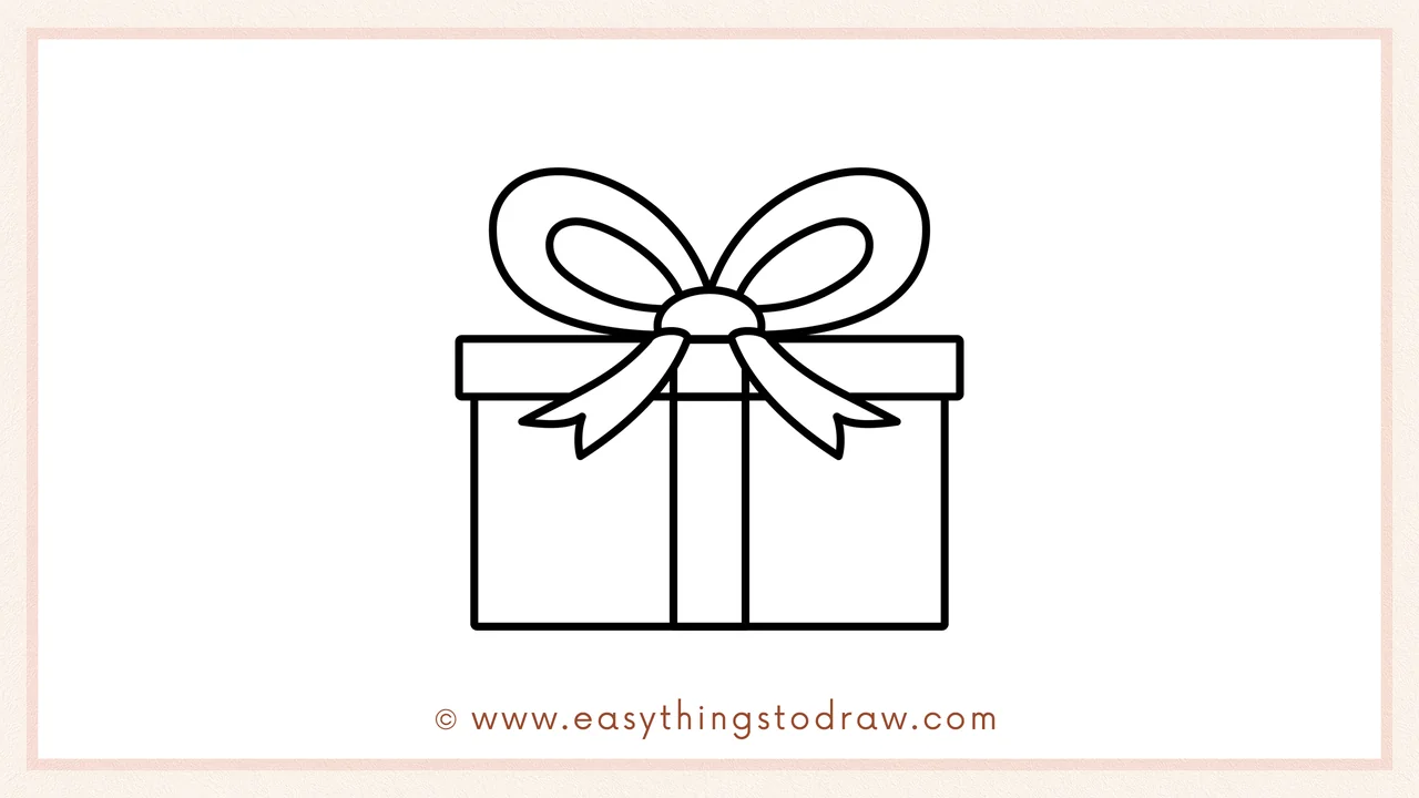 Step 5 of easy christmas gift drawing steps – Draw two vertical stripes down the front of the box for the wrapping ribbon.