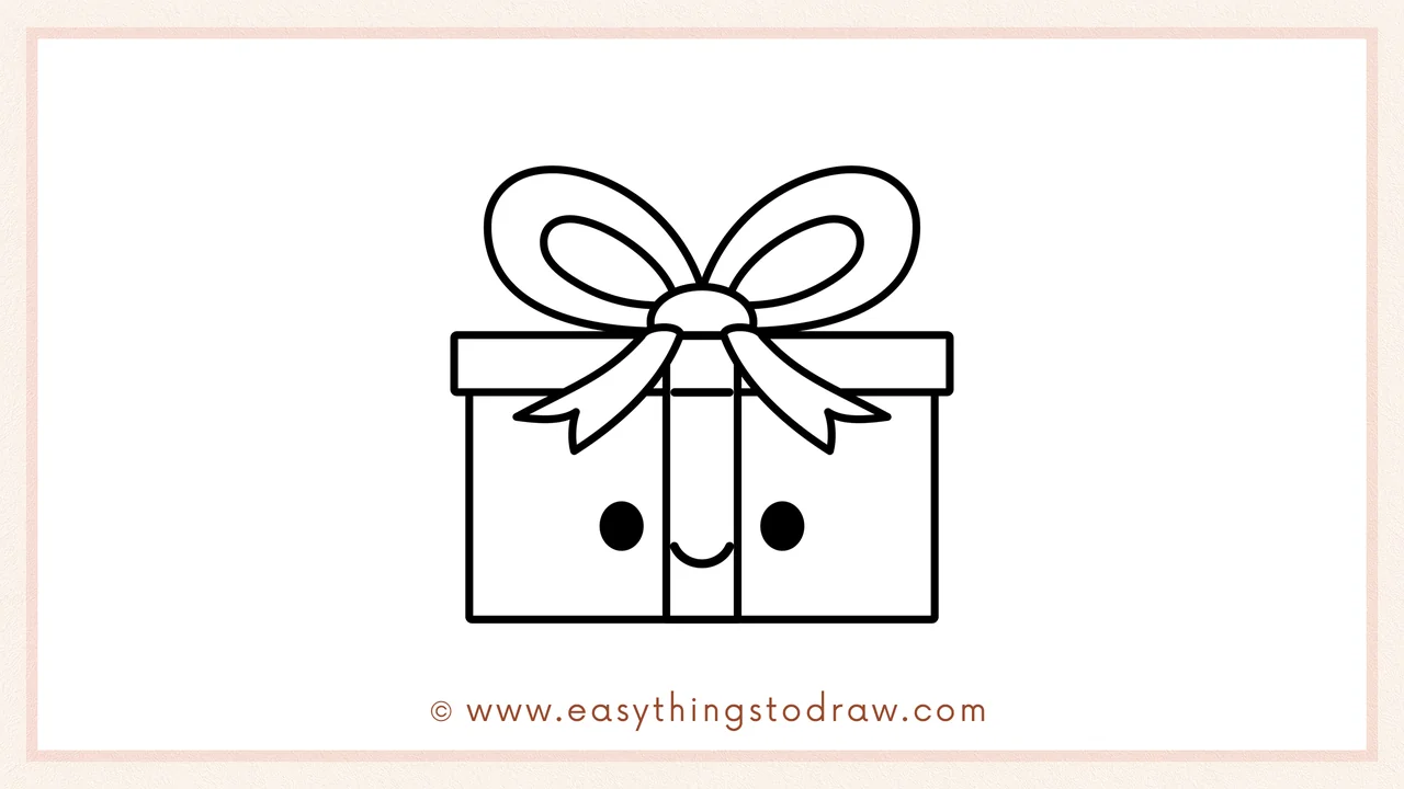Step 6 of simple christmas gift drawing tutorial – Add two circle eyes and a cute curved smile to give the gift a happy face.