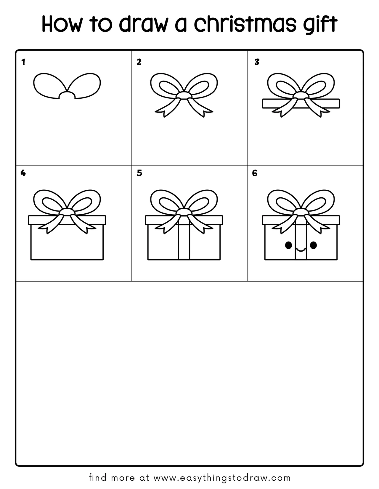 Step-by-step drawing tutorial showing how to draw a cute Christmas gift in 6 easy steps for kids and beginners.