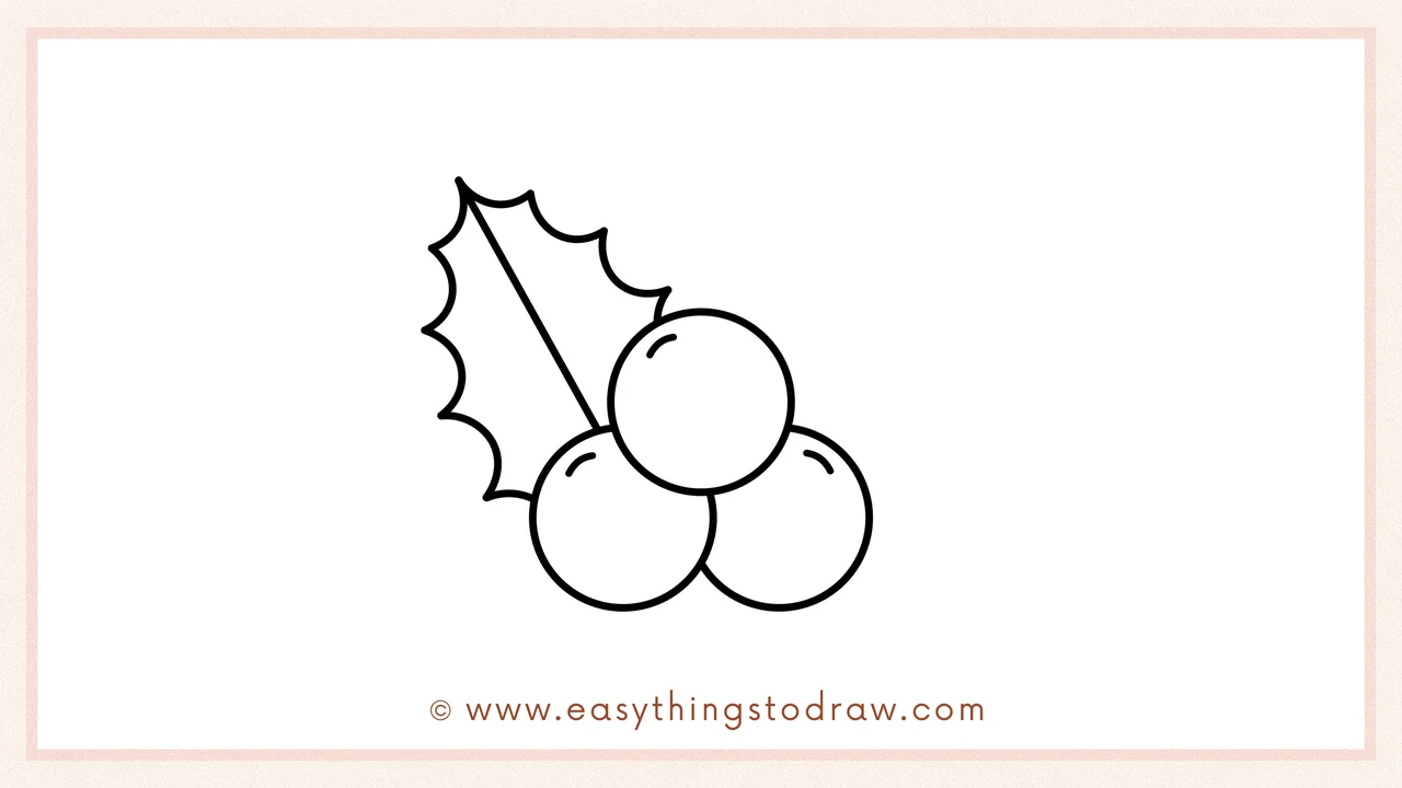 Step 4 of a step-by-step christmas holly sketch – A large, spiky leaf is drawn on the left side behind the berries.