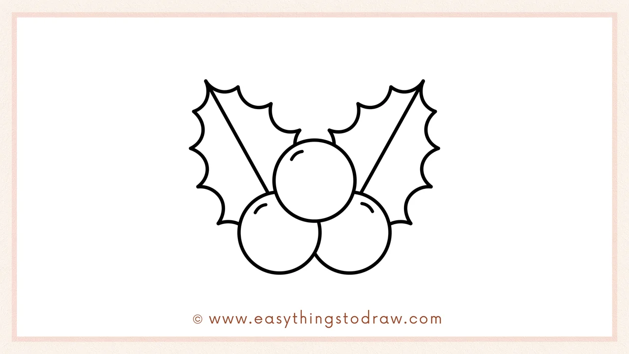 Step 5 of easy christmas holly drawing steps – A second spiky holly leaf is added on the right side.