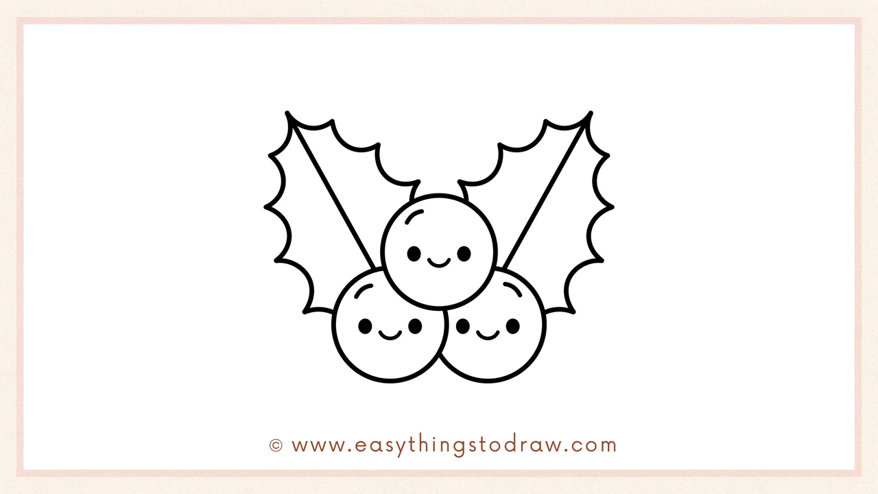 Step 6 of a simple christmas holly drawing tutorial – The berries are given cute smiling faces and colored red, with green leaves.