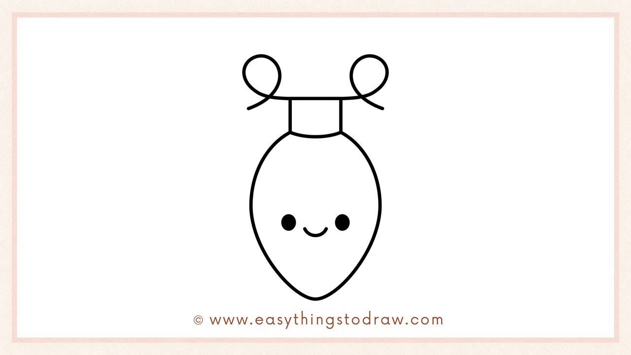 Step 6 of a simple Christmas light drawing tutorial – Drawing two small circles for eyes and a smiling mouth inside the bulb.