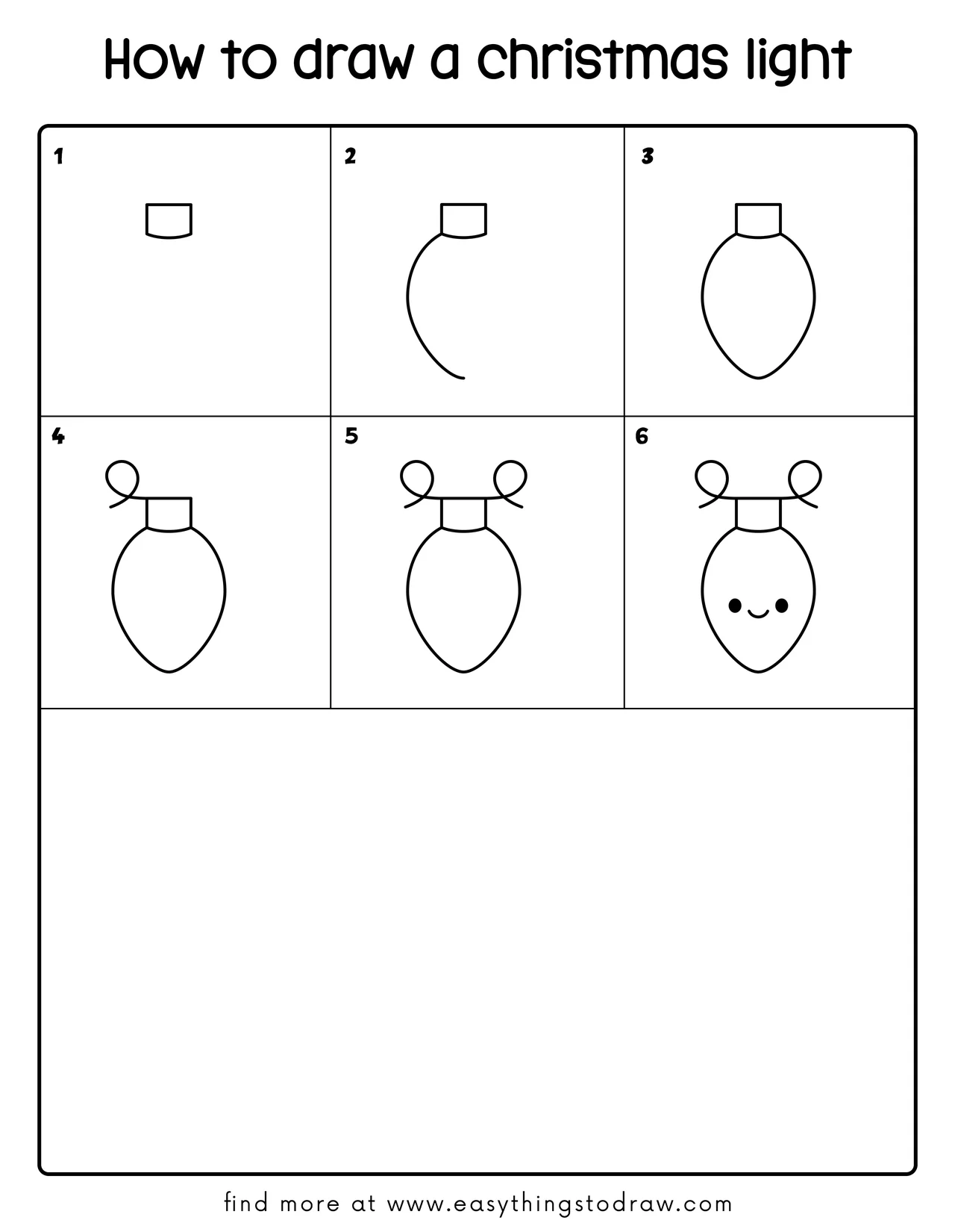 Step-by-step drawing tutorial showing how to draw a cute Christmas light in 6 easy steps for kids and beginners.