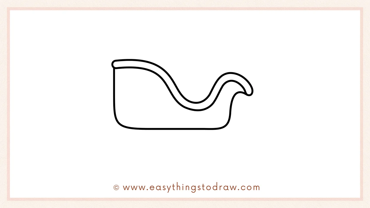 Step 2 of drawing a Christmas sleigh – Closing the sleigh shape with a backrest curve and a long, rounded bottom line.