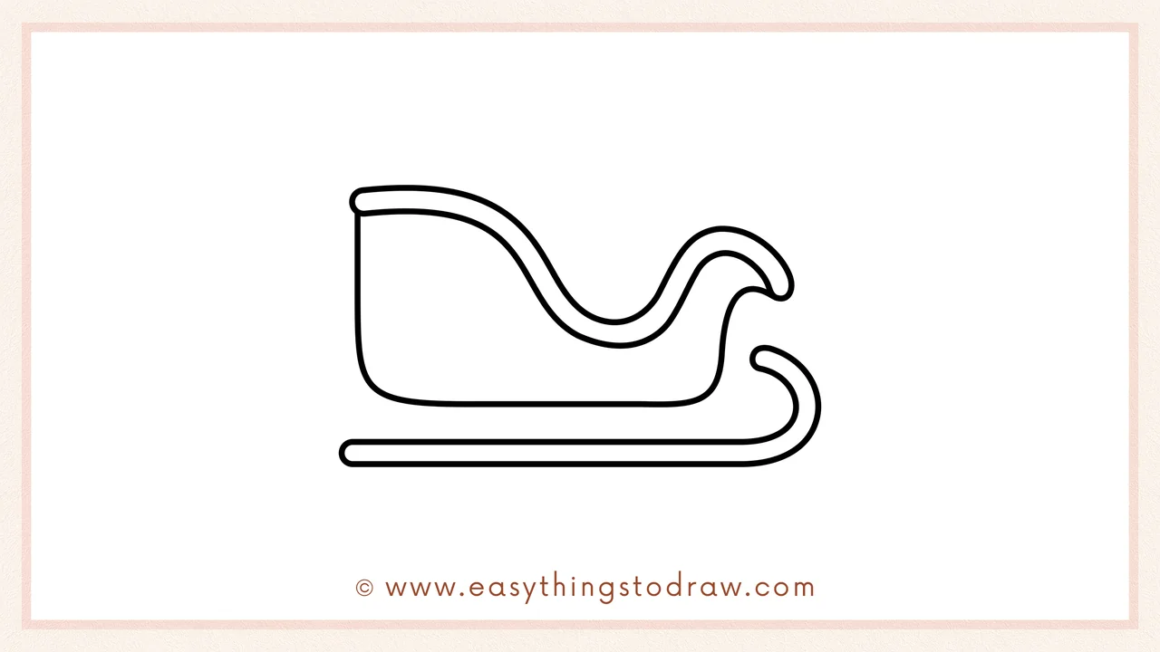 Step 3 of sketching a Christmas sleigh for beginners – Adding a long curved line with a spiral at the front for the runner.