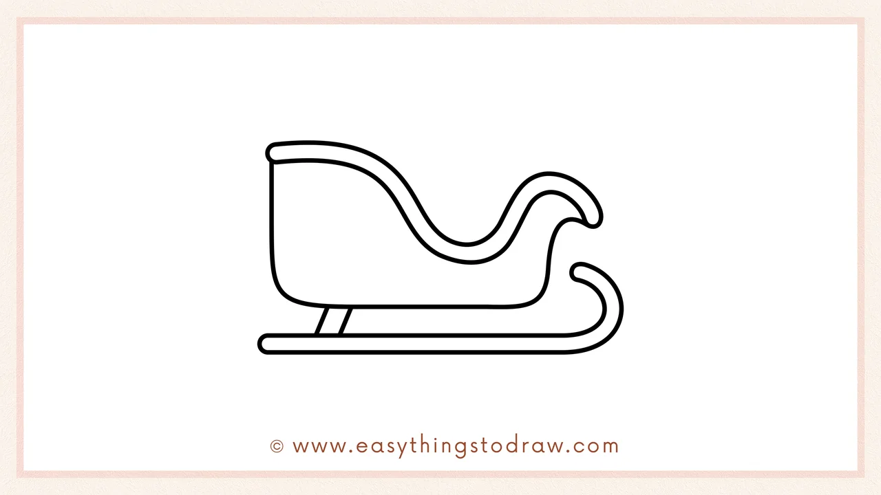 Step 4 of a step-by-step Christmas sleigh sketch – Drawing two angled lines to connect the sleigh body to the runner.