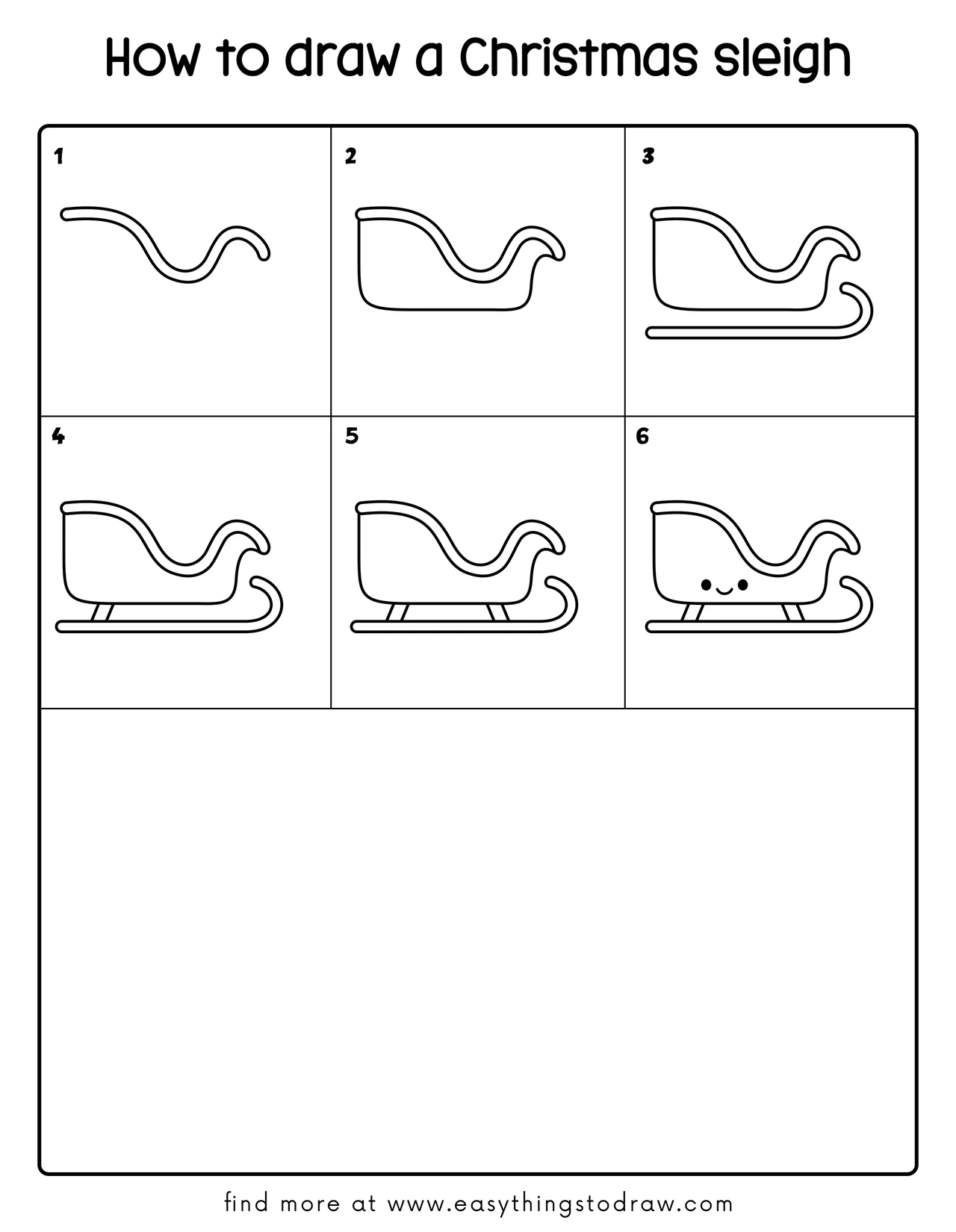 Step-by-step drawing tutorial showing how to draw a cute cartoon Christmas sleigh in 6 easy steps for kids and beginners.