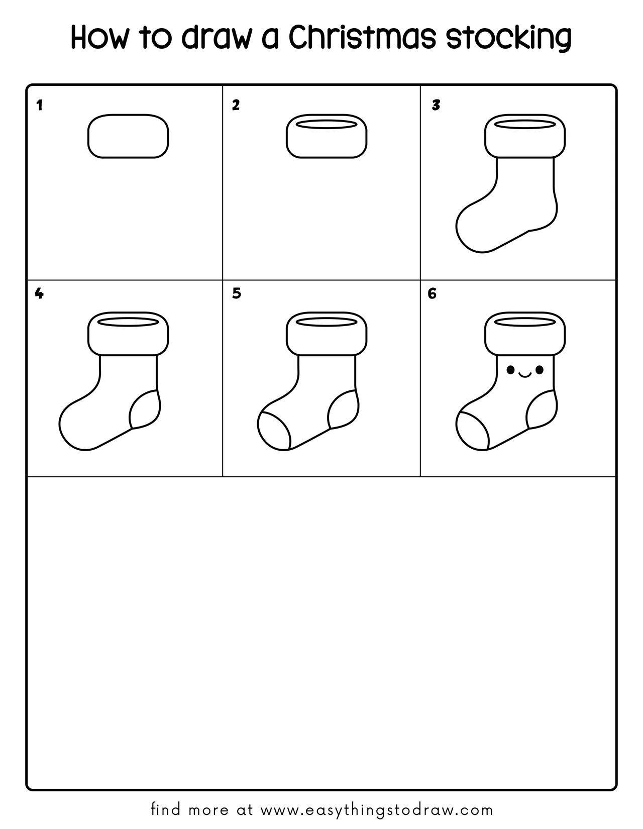 Step-by-step drawing tutorial showing how to draw a cute Christmas stocking in 6 easy steps for kids and beginners.
