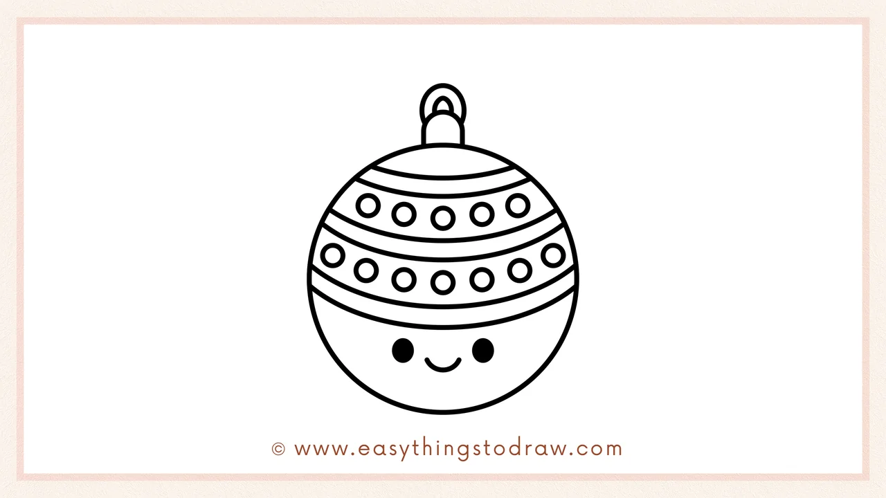 Step 6 of simple Christmas Tree Ornament drawing tutorial – Adding two small circles for eyes and a smiling curve to create a cute face.