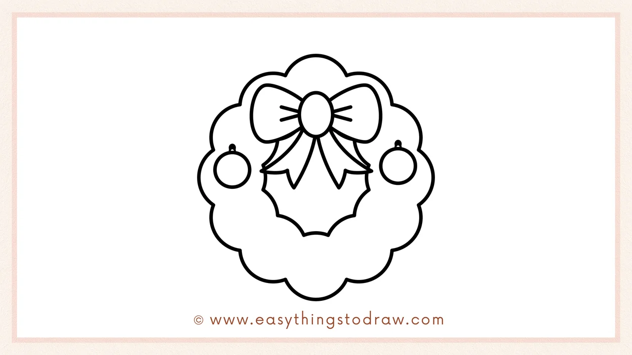 Step 4 of a step-by-step christmas wreath sketch – Adding pointy holly leaves and two round ornaments to the wreath.