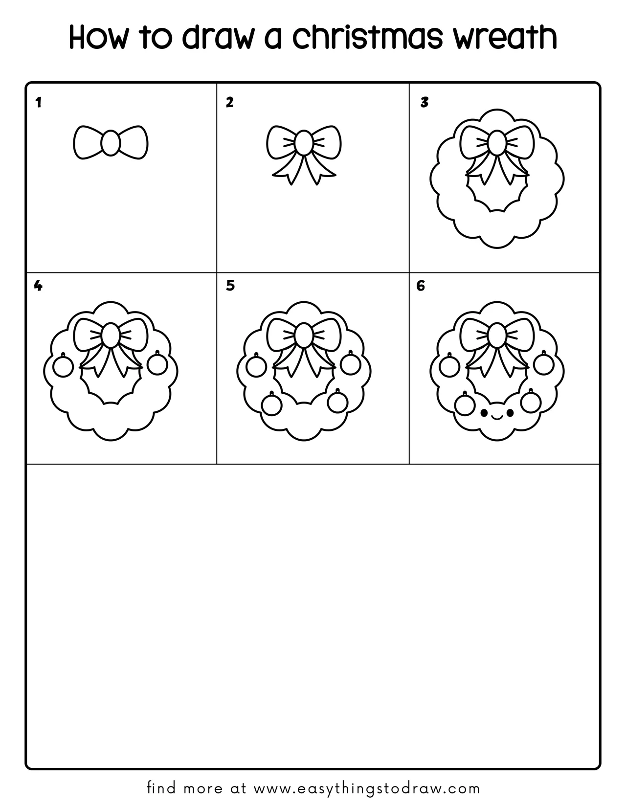 Step-by-step drawing tutorial showing how to draw a cute Christmas wreath in 6 easy steps for kids and beginners.