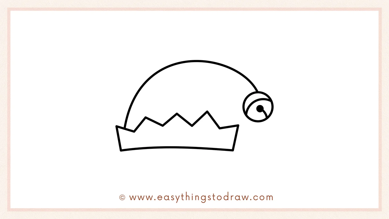 Step 3 of sketching an elf hat for beginners – Connecting the trim with a large curved line that reaches toward the bell.