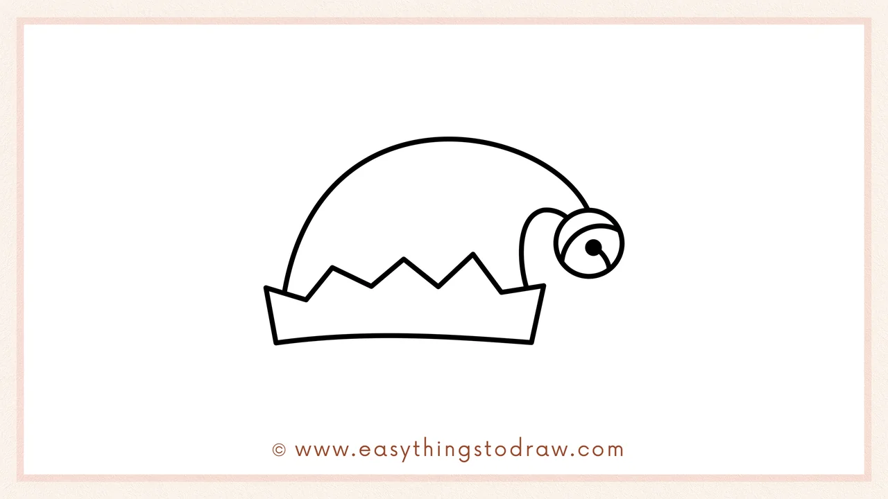 Step 4 of a step-by-step elf hat sketch – Drawing a curved hook shape that loops from the hat's tip to the bell.