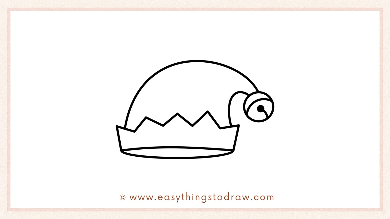 Step 5 of easy elf hat drawing steps – Adding a horizontal oval shape underneath the hat to create a base.