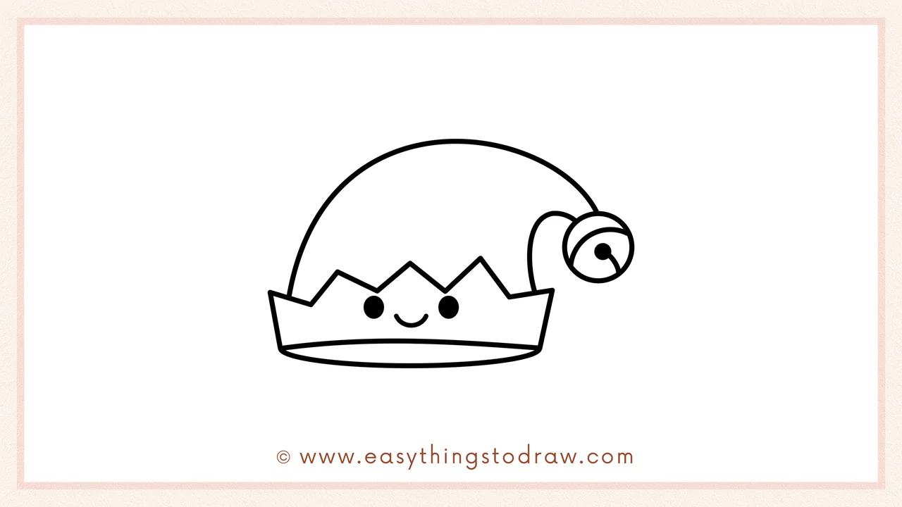 Step 6 of a simple elf hat drawing tutorial – Drawing a happy face on the hat and adding festive colors like red and green.