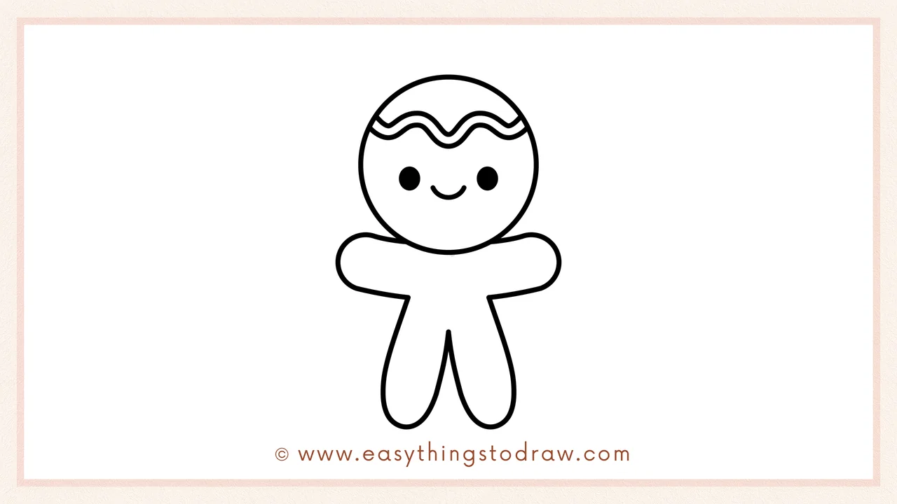 Step 3 of sketching a gingerbread man for beginners – Drawing a simple gumdrop-shaped body with two outstretched arms.