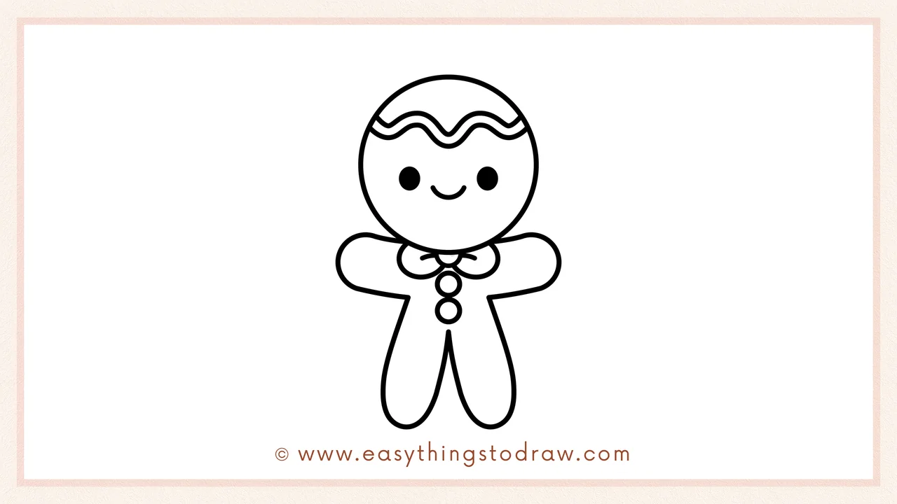 Step 4 of a step-by-step gingerbread man sketch – Adding two round buttons on the body and a small bow tie at the neck.