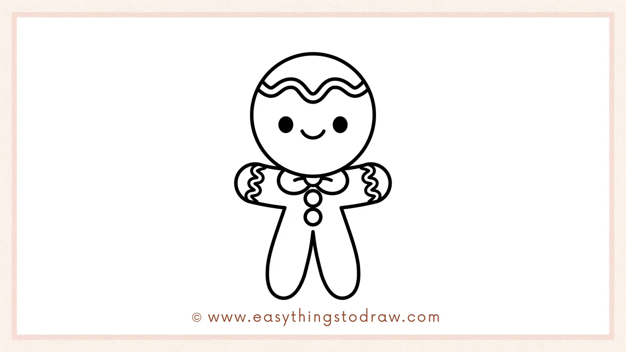 Step 5 of easy gingerbread man drawing steps – Decorating both arms with a simple wavy icing line.