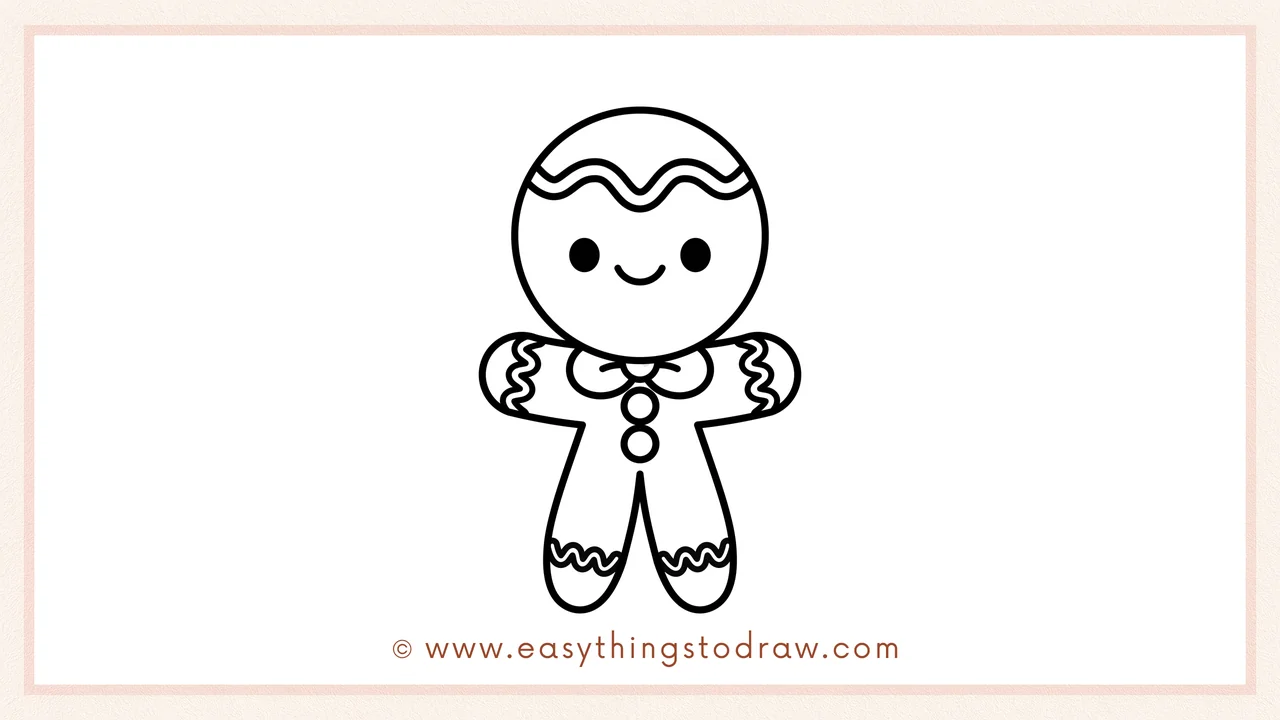 Step 6 of a simple gingerbread man drawing tutorial – Drawing wavy icing on the legs to complete the cookie decorations.