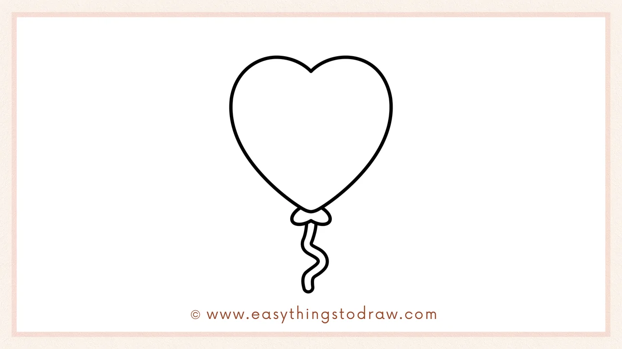 Step 5 of easy heart balloon drawing steps – Sketching a long, wavy line down from the knot to create the string.