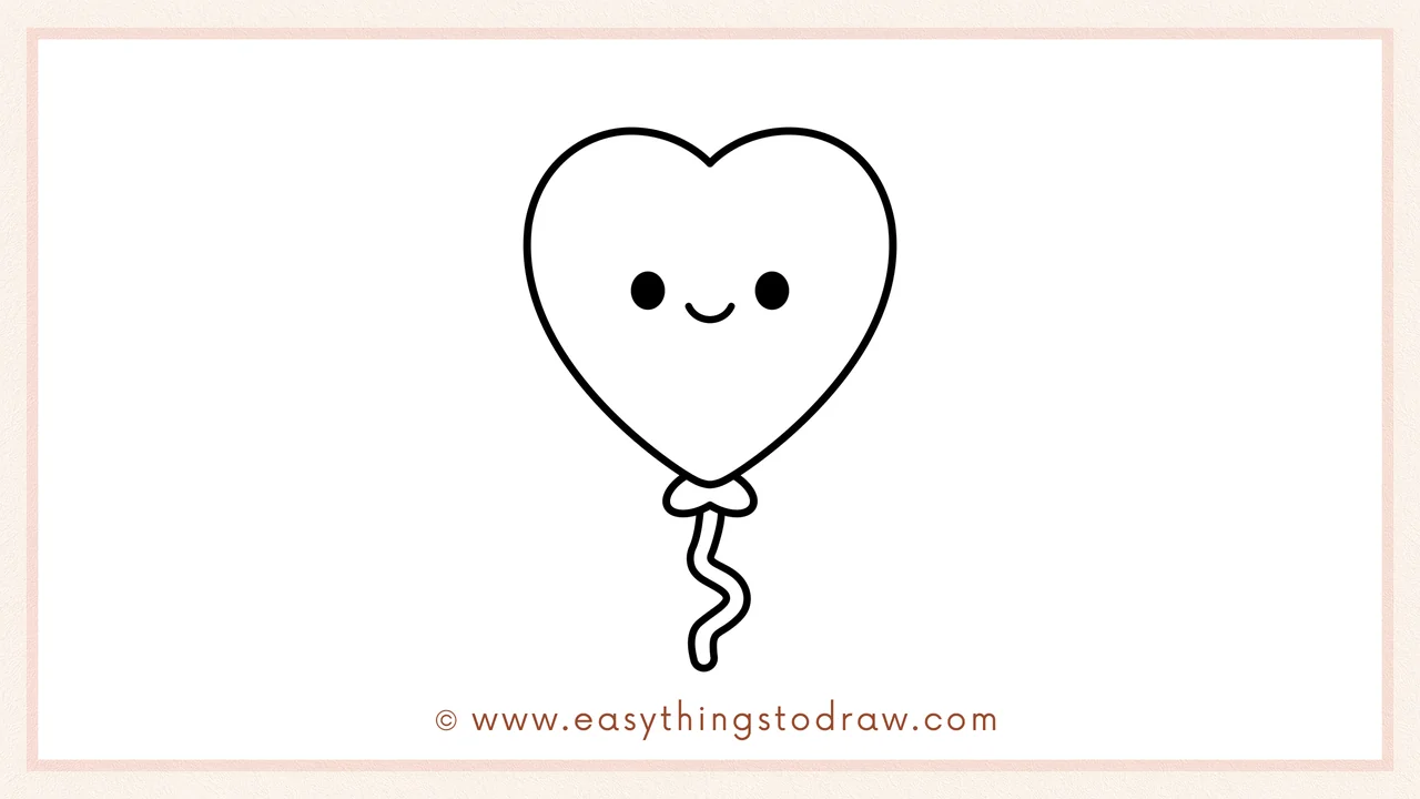 Step 6 of a simple heart balloon drawing tutorial – Adding two dot eyes and a smiling mouth to give the balloon personality.