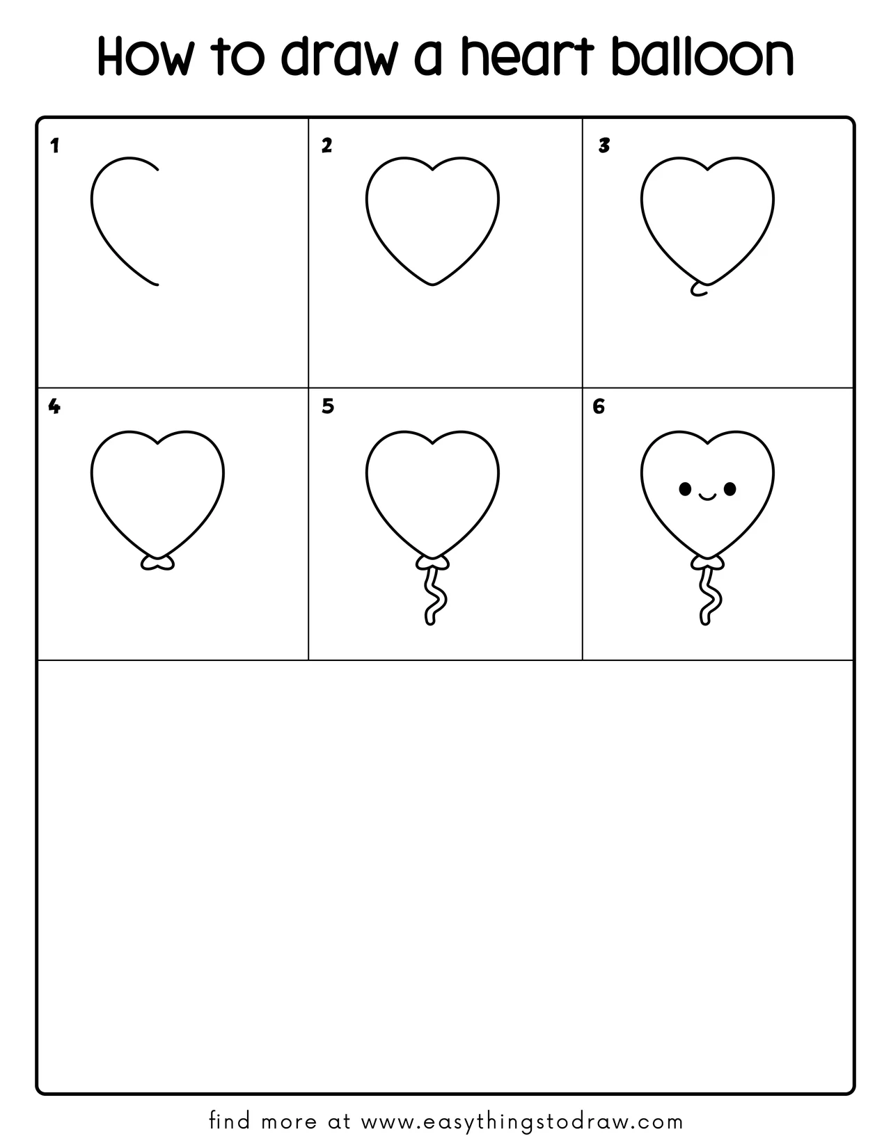 Easy step-by-step tutorial grid showing how to draw a cute heart balloon in 6 simple steps for kids and beginners.