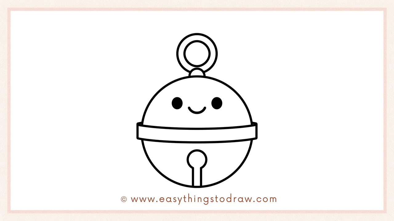Step 6 of simple jingle bell drawing tutorial – drawing a cute smiley face and coloring the bell bright yellow and red.