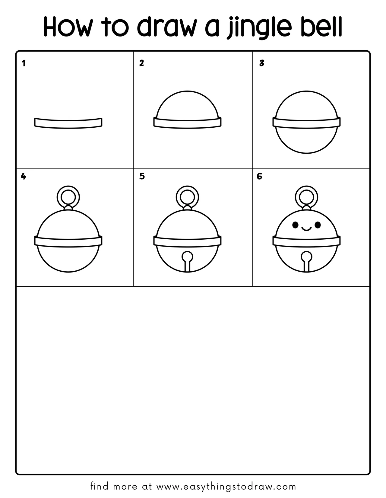 Step-by-step drawing tutorial showing how to draw a cute jingle bell in 6 easy steps, perfect for kids and beginners.