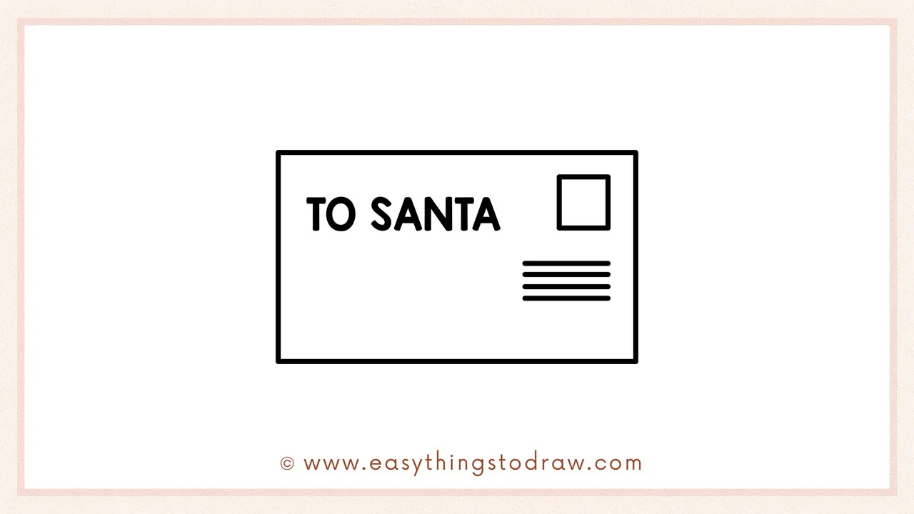 Step 5 of easy letter to santa drawing steps – drawing three short horizontal lines below the stamp for the address area.