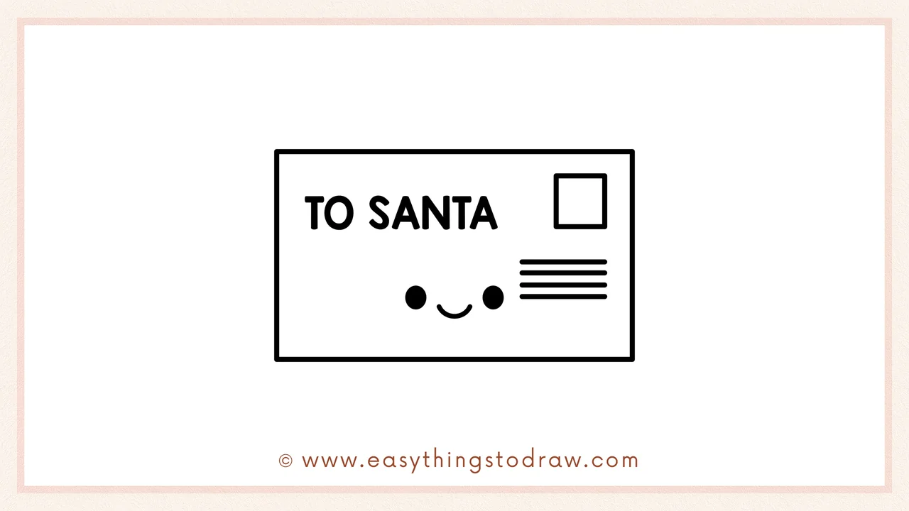 Step 6 of a simple letter to santa drawing tutorial – adding two small circles for eyes and a curved smile to the envelope.