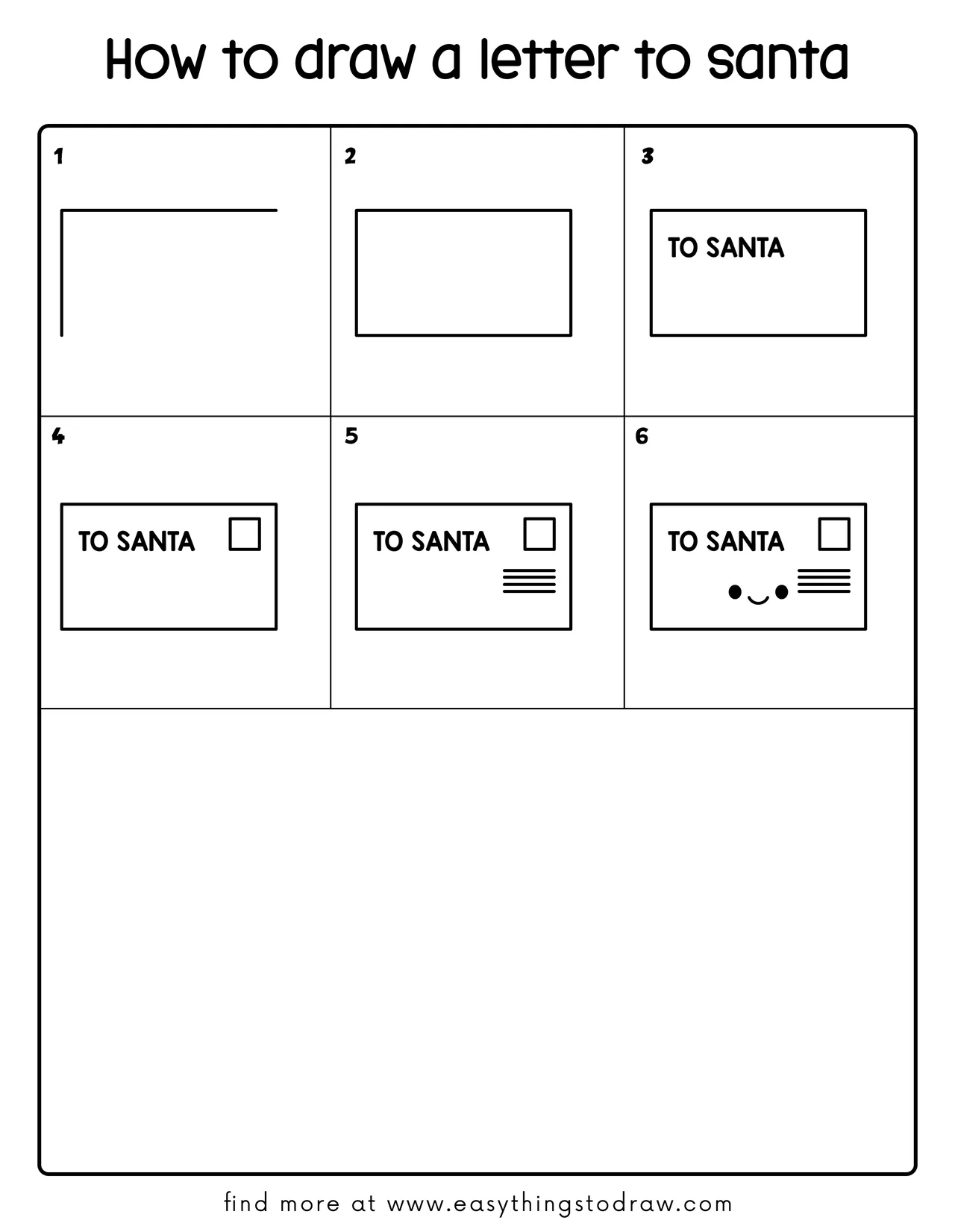 Step-by-step drawing tutorial showing how to draw a cute Letter to Santa in 6 easy steps for kids and beginners.