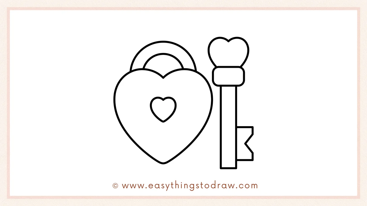 Step 5 of easy lock and key drawing steps – Extending a long rectangle down from the key head and adding a notch for the teeth.