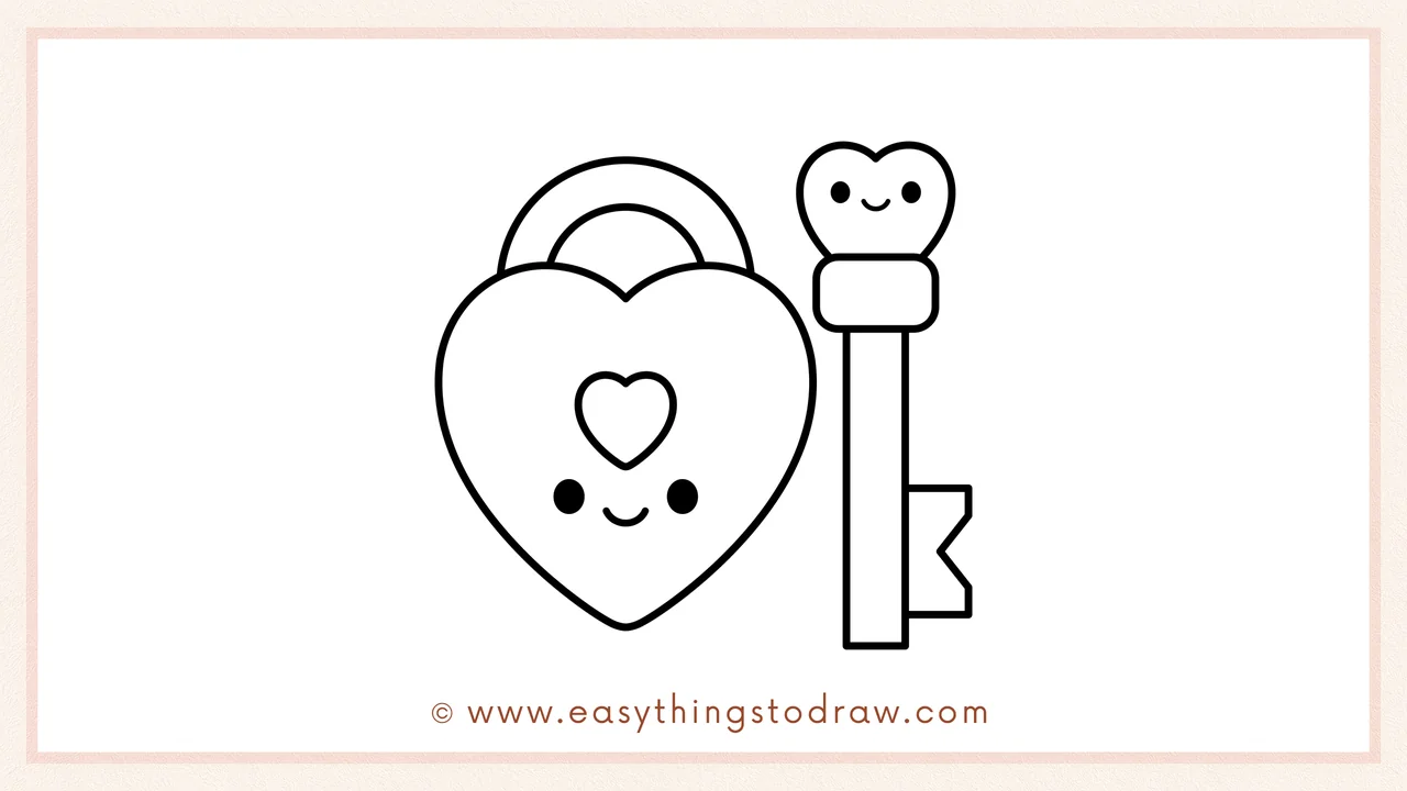 Step 6 of a simple lock and key drawing tutorial – Adding two circle eyes and a smiling mouth to both the lock and key.