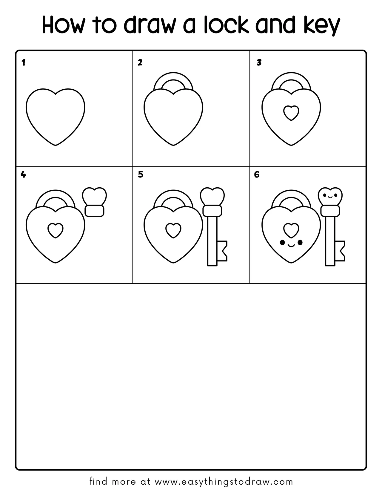 Step-by-step drawing tutorial showing how to draw a cute Valentine's lock and key in 6 easy steps for kids and beginners.