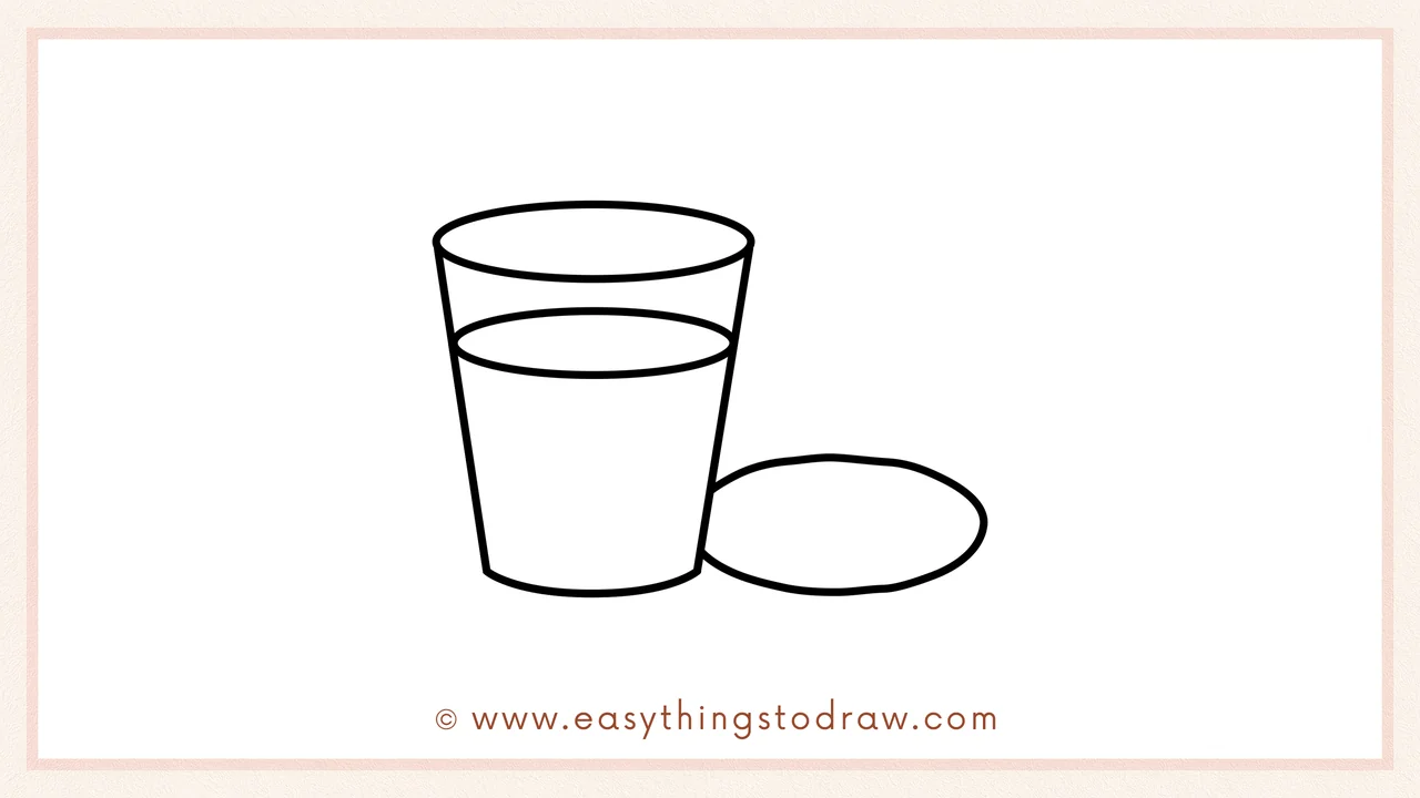 Step 4 of a step-by-step milk and cookie sketch – Draw a large, slightly irregular circle next to the glass for the cookie.