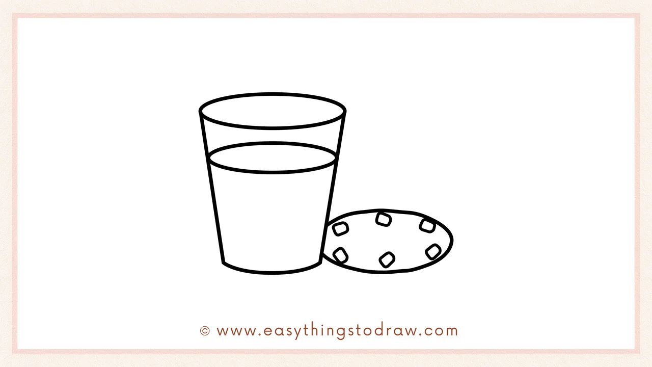 Step 5 of easy milk and cookie drawing steps – Add small ovals and squares inside the cookie to create chocolate chips.