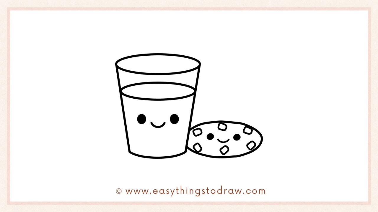 Step 6 of a simple milk and cookie drawing tutorial – Draw small circle eyes and a smile on both the glass and the cookie.