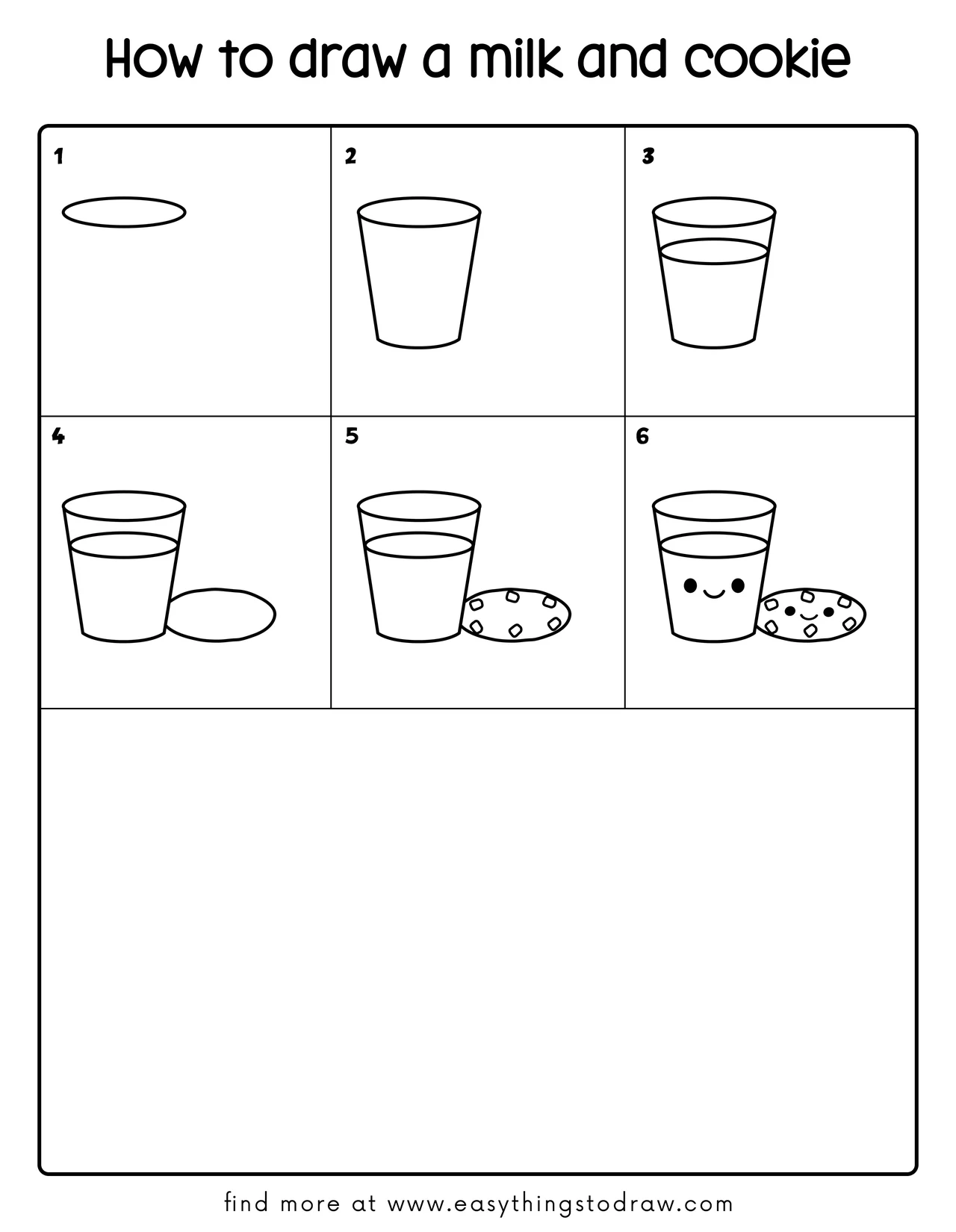 Step-by-step drawing tutorial showing how to draw a cute milk and cookie in 6 easy steps for kids and beginners.