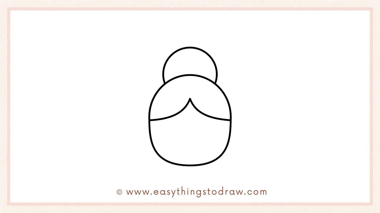 Step 2 of drawing a Mrs. Claus – Adding a small circle on top for the bun and a curved hairline.