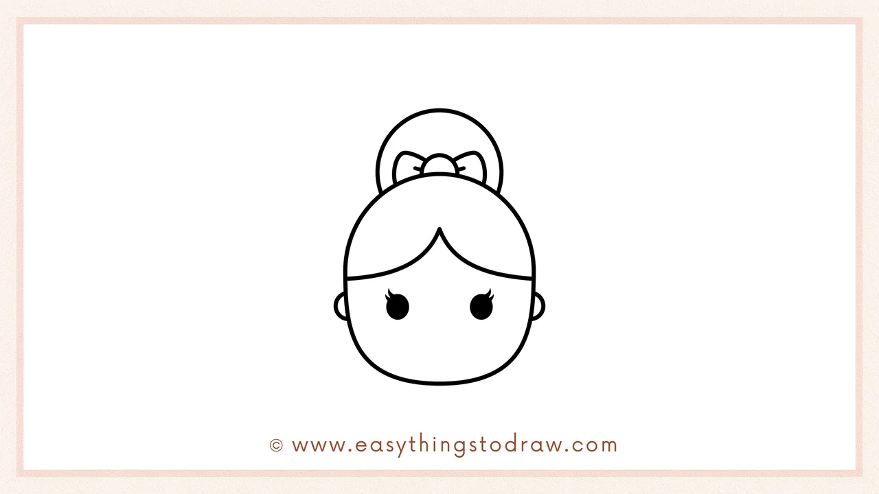 Step 4 of step-by-step Mrs. Claus sketch – Adding small circles for ears and two large oval eyes with lashes.