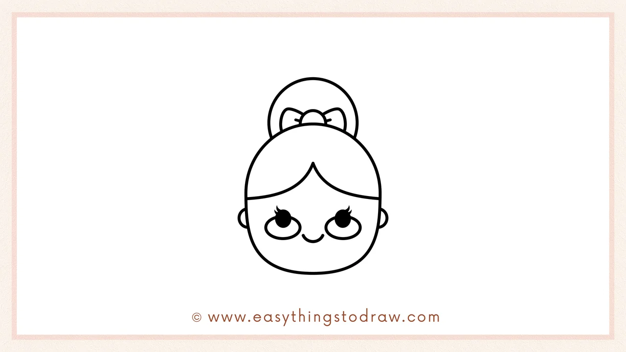 Step 5 of easy Mrs. Claus drawing steps – Drawing a simple curved smile and two little circles for rosy cheeks.