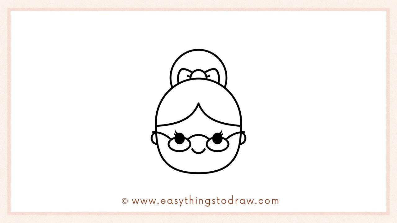 Step 6 of simple Mrs. Claus drawing tutorial – Completing the face by drawing two circles for glasses around the eyes.