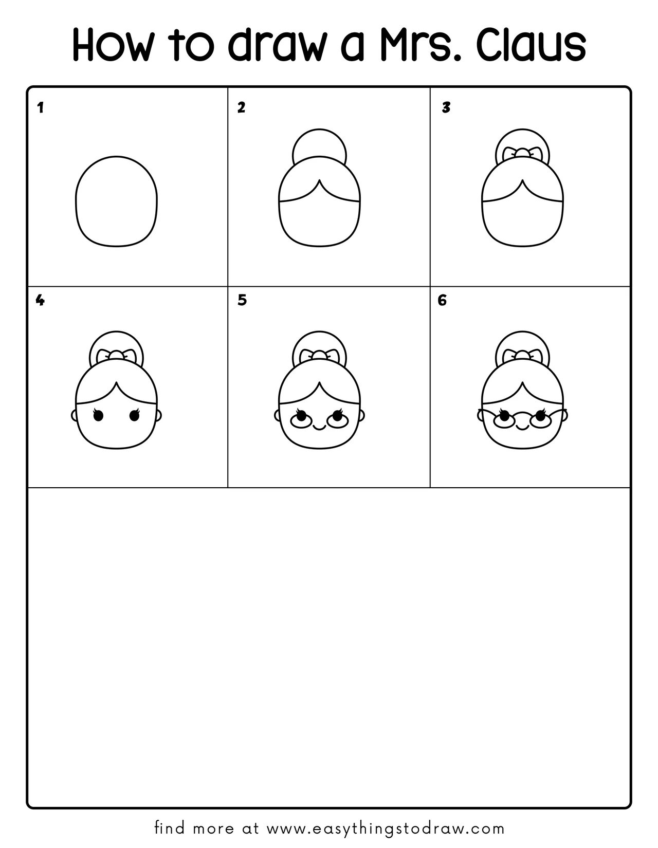 Step-by-step drawing tutorial showing how to draw a cute Mrs. Claus in 6 easy steps for kids and beginners.