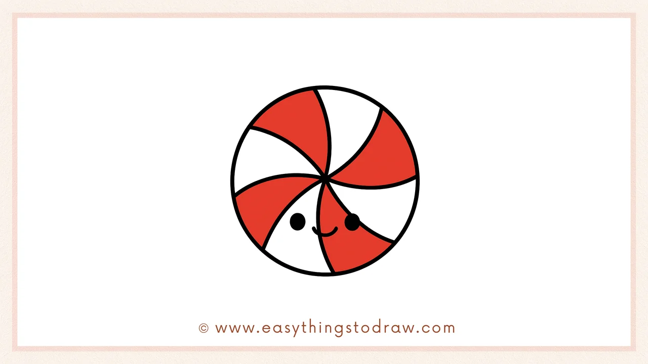 Final colored drawing of a cute red and white peppermint candy with a happy smiling face, perfect for Christmas crafts.