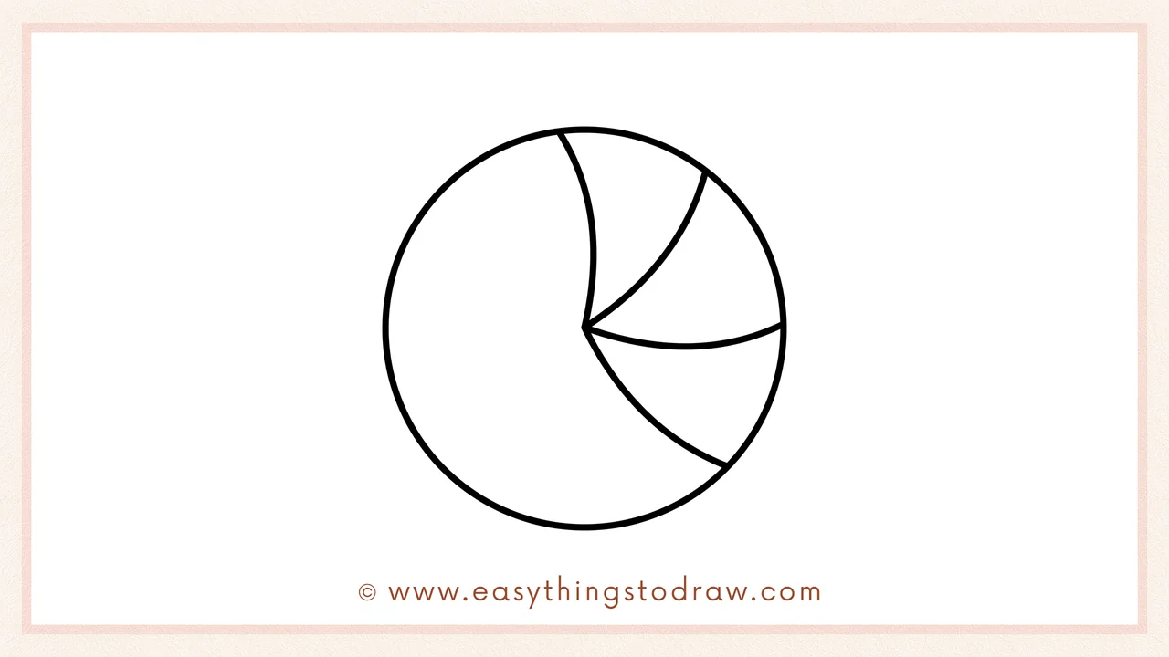 Step 3 of sketching a peppermint candy for beginners – Another curved line is drawn to create a pie-slice shape.
