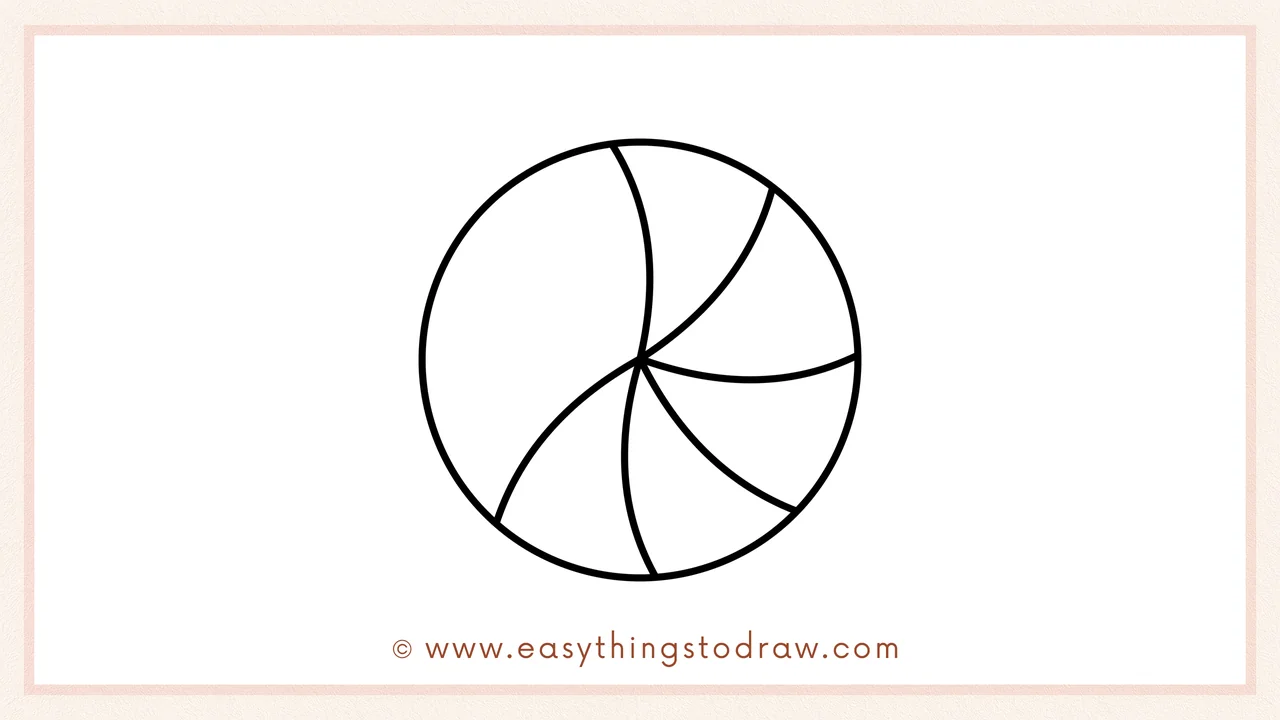 Step 4 of step-by-step peppermint candy sketch – More curved lines are added to divide the circle into six swirl sections.