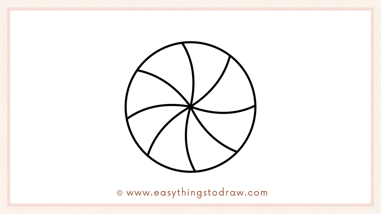 Step 5 of easy peppermint candy drawing steps – The swirl lines are refined to meet neatly in the center like a pinwheel.